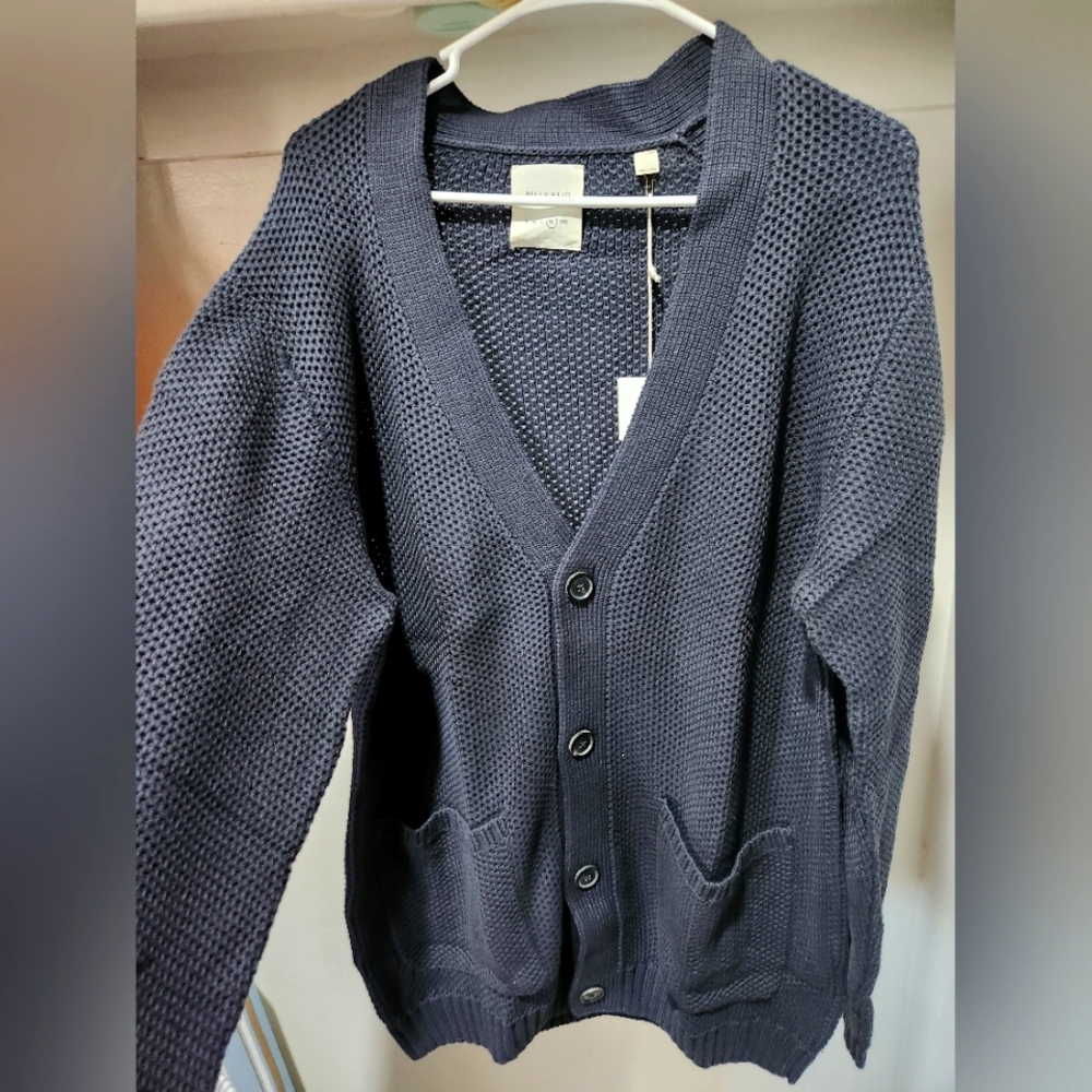 Billy Reid Navy pique cardigan xl
